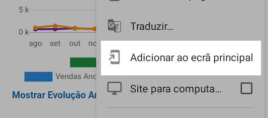 Opção para adicionar ao ecrã principal