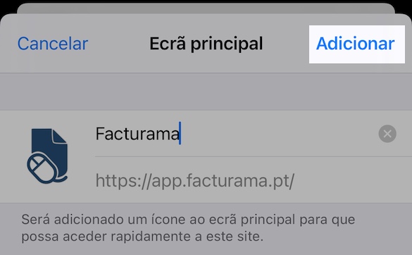 Confirmação adição ao ecrã principal