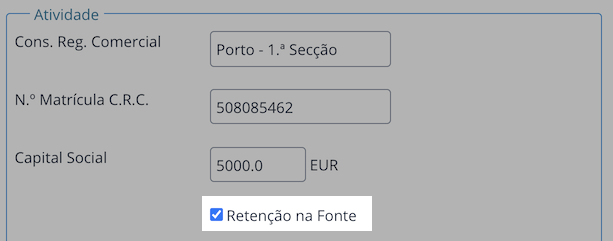 Caixa de verificação de retenção na fonte