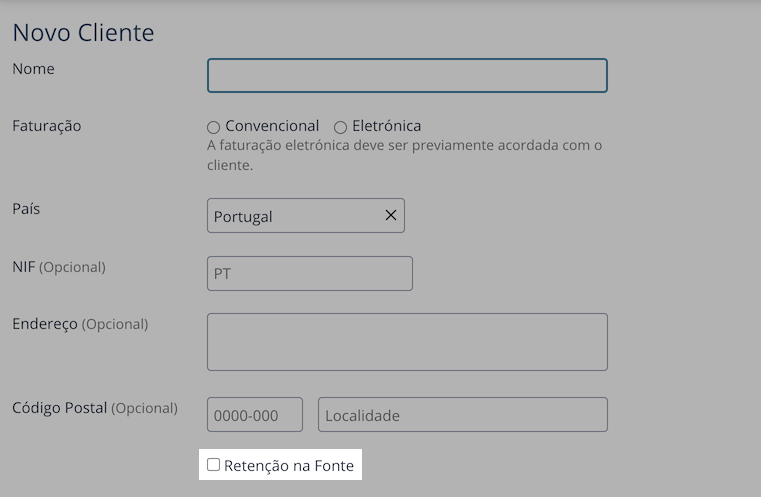 Caixa de verificação de retenção na fonte de cliente