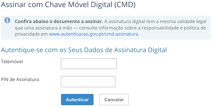 Formulário de autenticação CMD