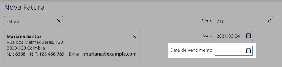 Campo data de vencimento