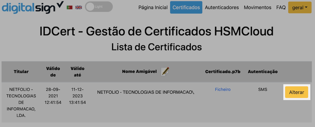 Alterar certificado