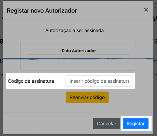 Diálogo para confirmação de registo de autorizador