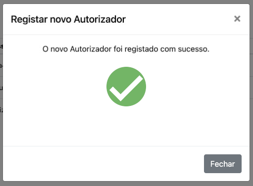 Caixa de diálogo de êxito de criação de autorizador
