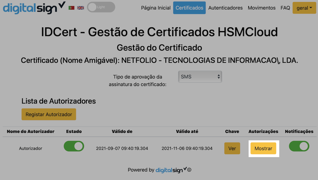 Mostrar autorizador