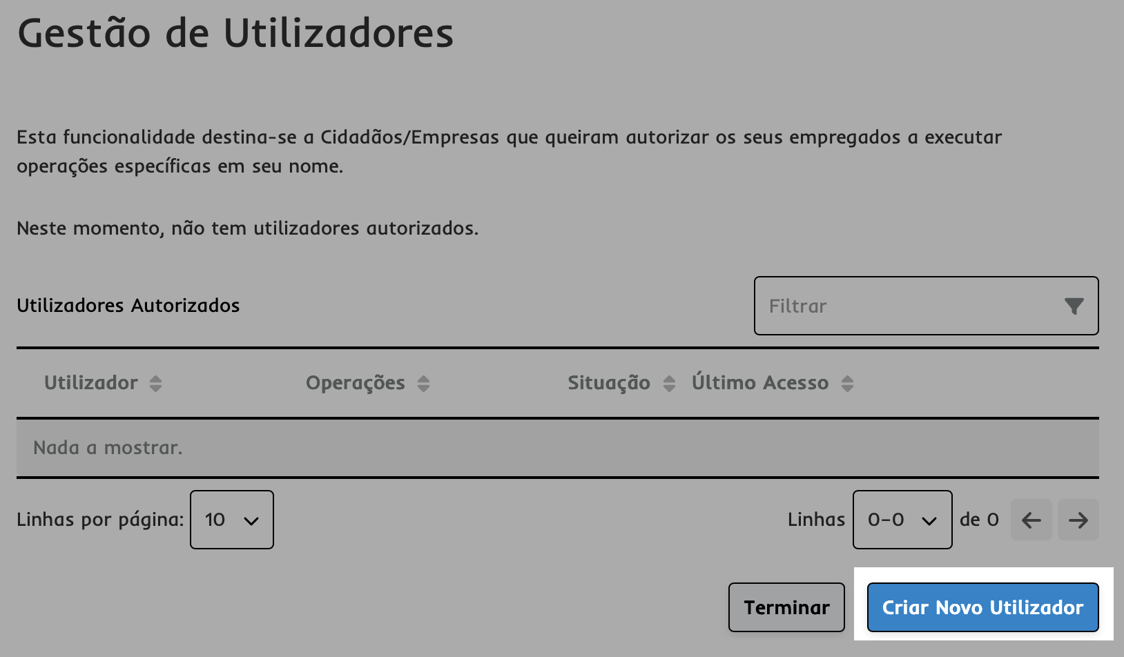 Botão criar novo utilizador