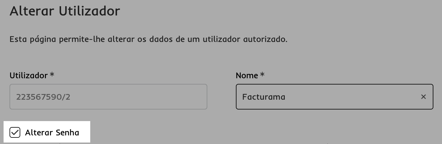 Caixa de verificação alterar senha