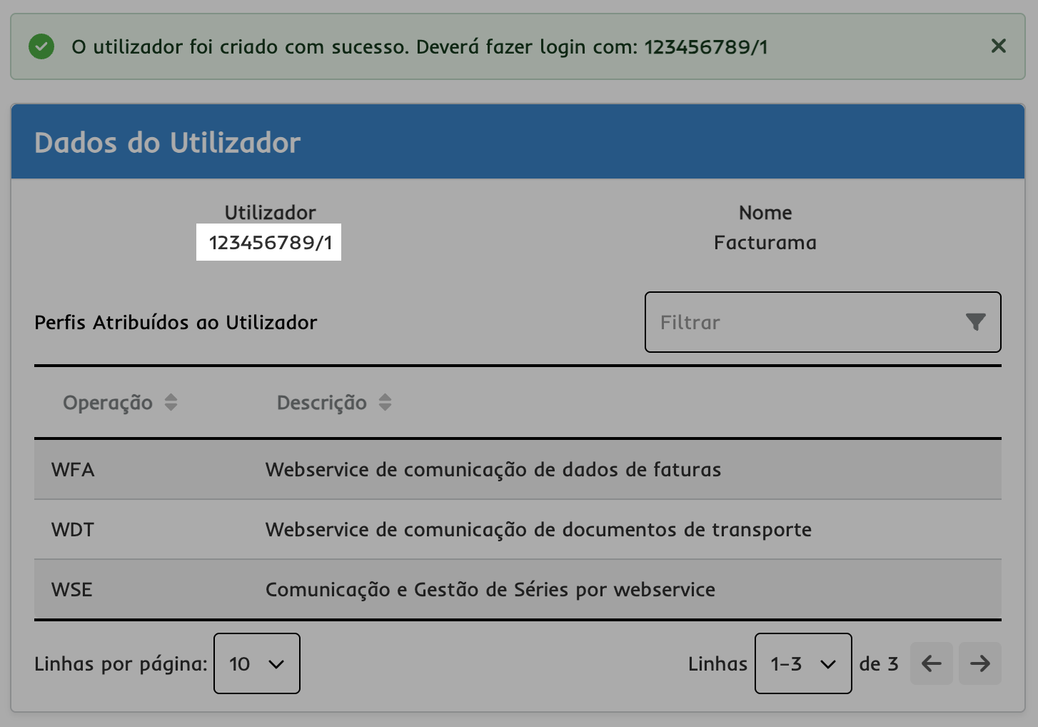 Resumo de criação de utilizador