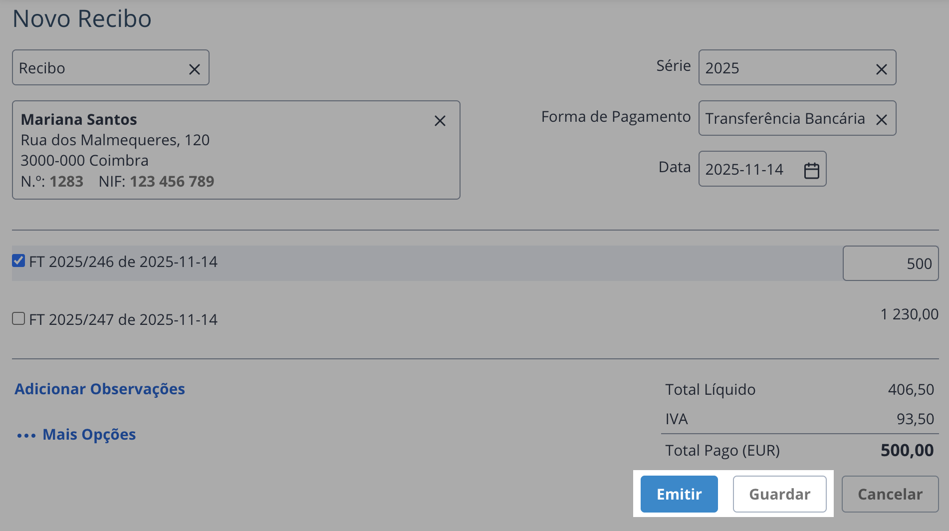 Botões para emitir ou guardar um recibo